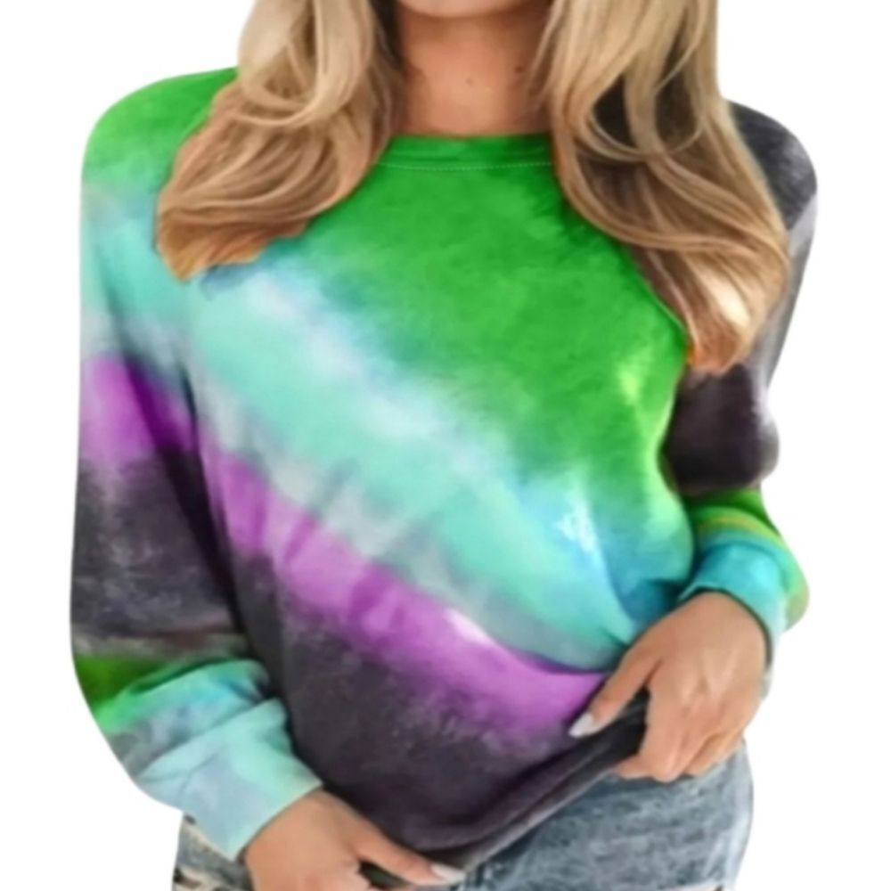 Tie Dye Crew Neck T-Shirts Ombre Round Neck Long Sleeve Sz Large